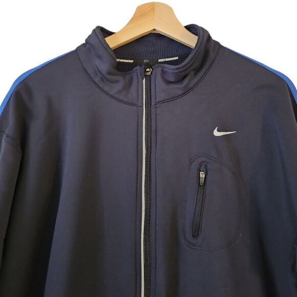 Nike Mens Dri Fit Track Running Jacket Fleece Lined Black W/Blue Stripe Sz Large - Picture 2 of 11